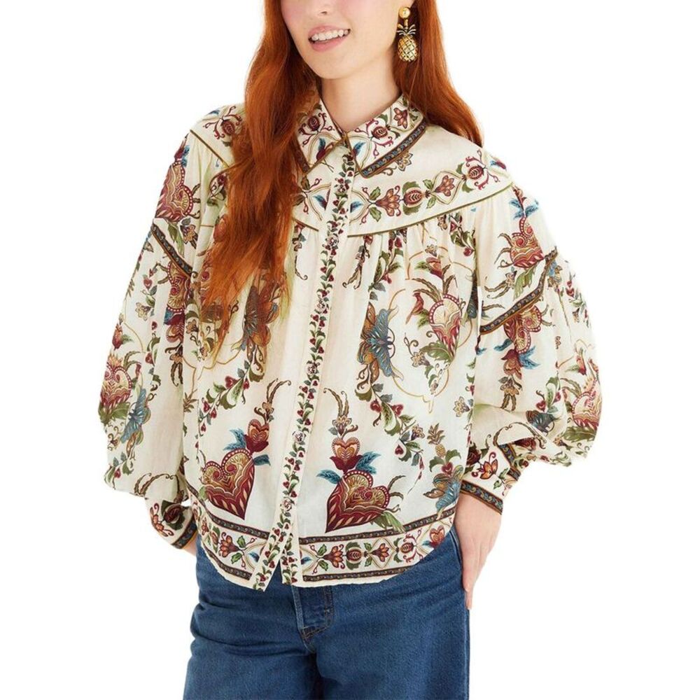 Farm Rio Womens Majestic Hearts Cream Blouse